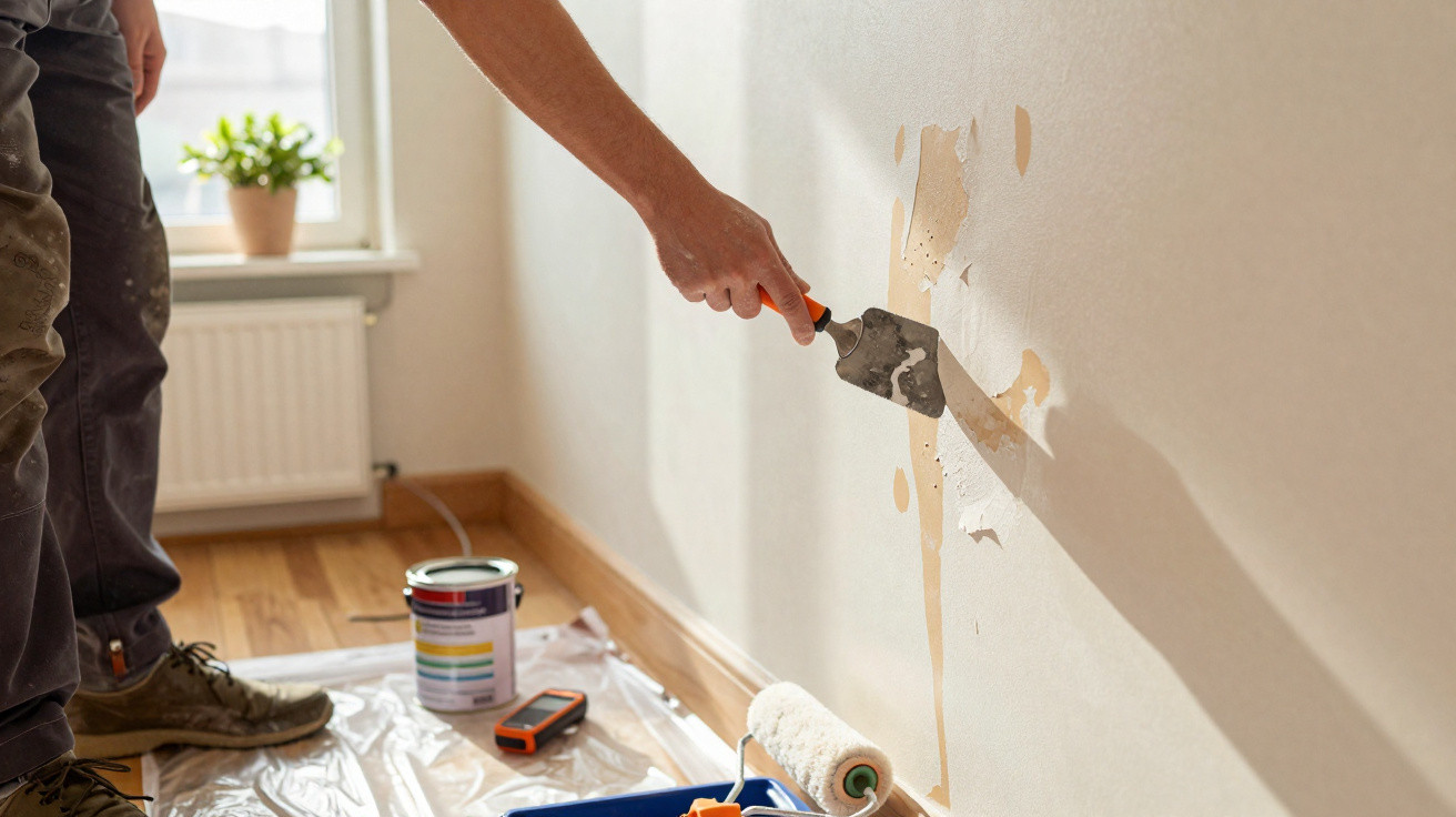 Person repariert Wand mit Spachtel, Malerrolle und Farbwanne auf Boden in hellem Raum mit Fenster.