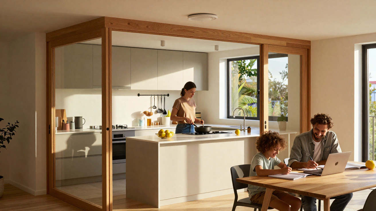Moderner Küchenbereich mit Frau beim Kochen und Vater mit Kind am Holztisch beim Lernen und Arbeiten.