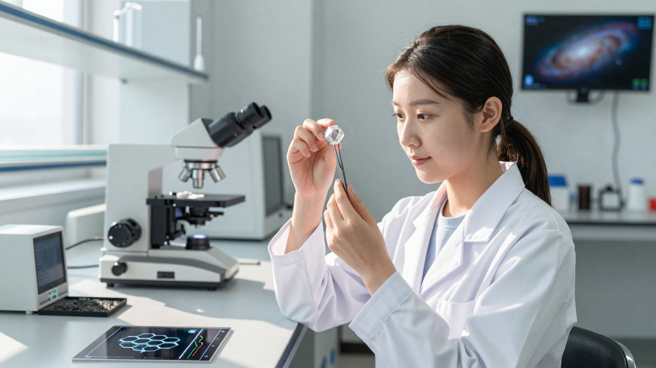 Junge Wissenschaftlerin untersucht Probe im Labor mit Mikroskop und digitalem Display im Hintergrund.