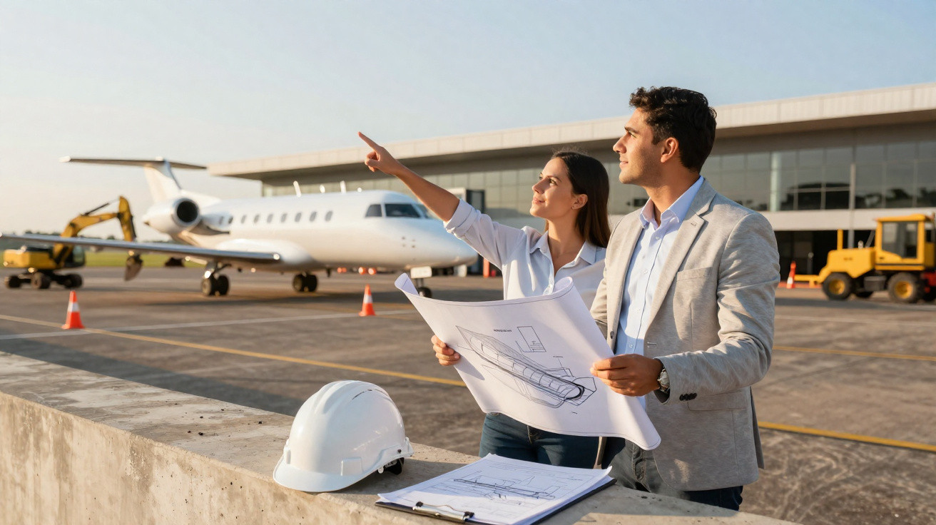 Zwei Ingenieure am Flughafen mit Bauplänen, im Hintergrund Privatjet und Baumaschinen.