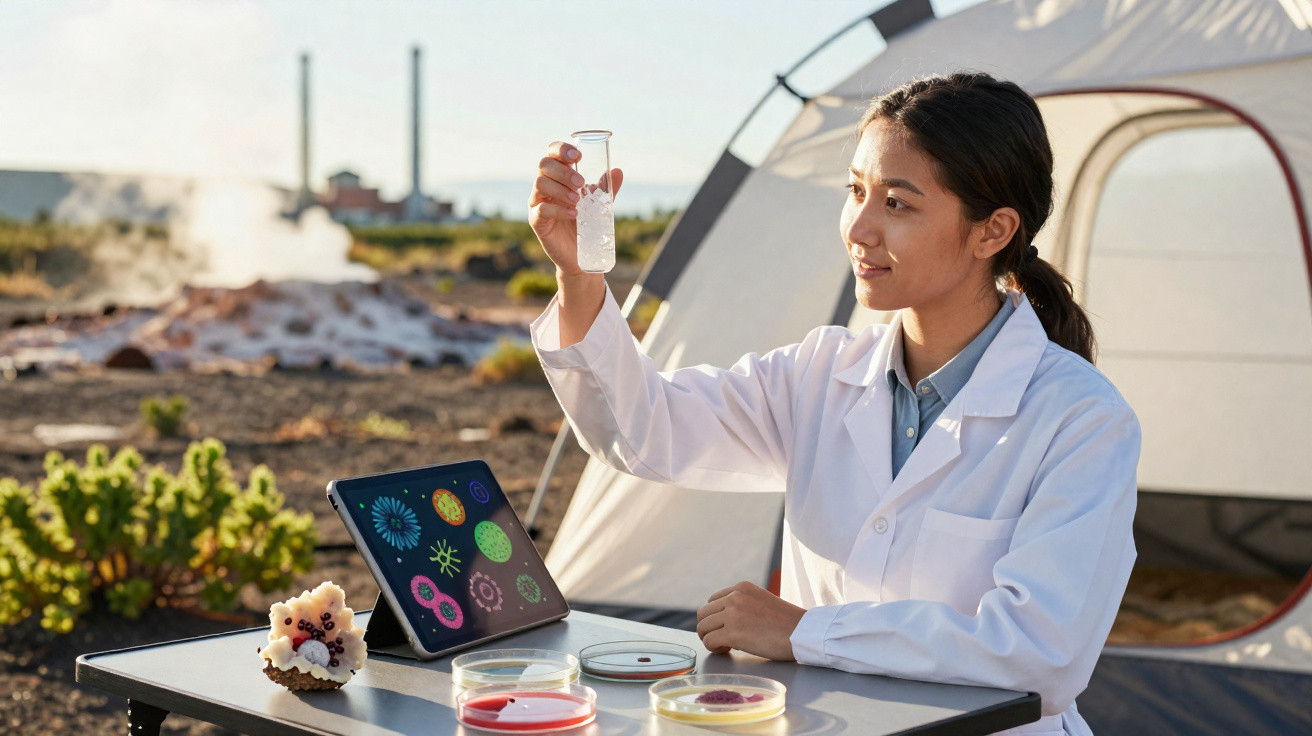 Wissenschaftlerin im Freien untersucht Probe im Reagenzglas mit Mikrobiologie-Darstellungen auf Tablet.