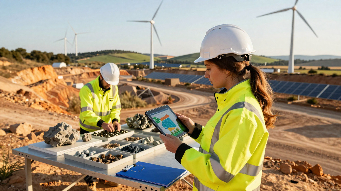 Ingenieure mit Schutzhelmen prüfen Baumaterialien und Daten auf einer Baustelle mit Windkraftanlagen und Solarpanels.