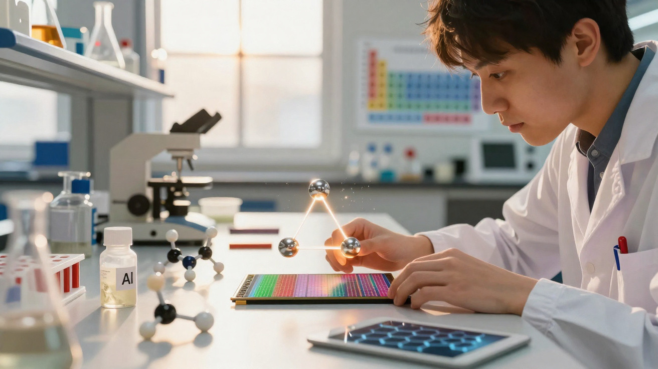 Junger Wissenschaftler im Labor analysiert Molekülmodell mit digitaler Technologie und Tablet.