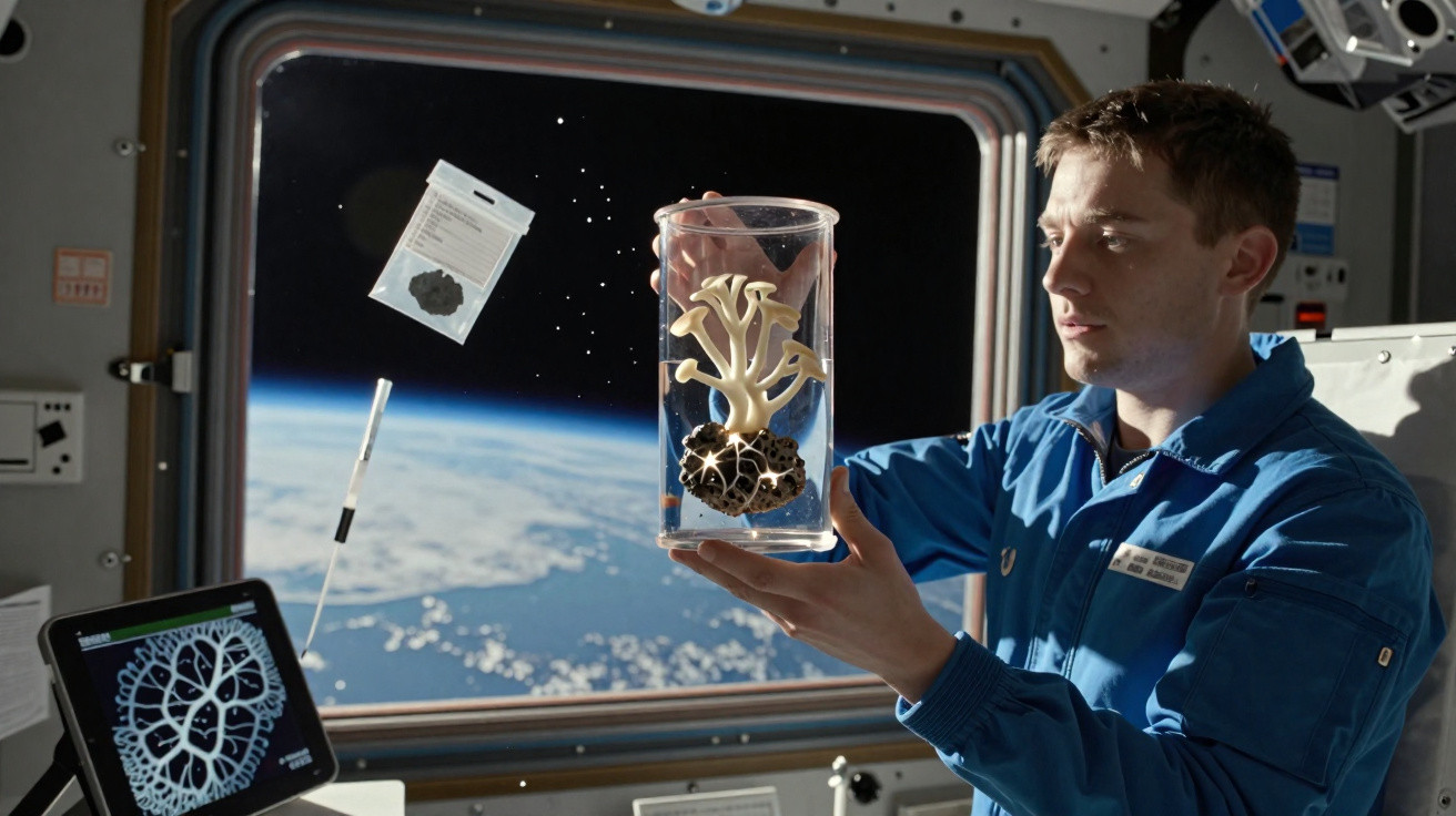 Astronaut hält im Raumschiff ein Glas mit Pilzen, draußen ist die Erde durch das Fenster sichtbar.