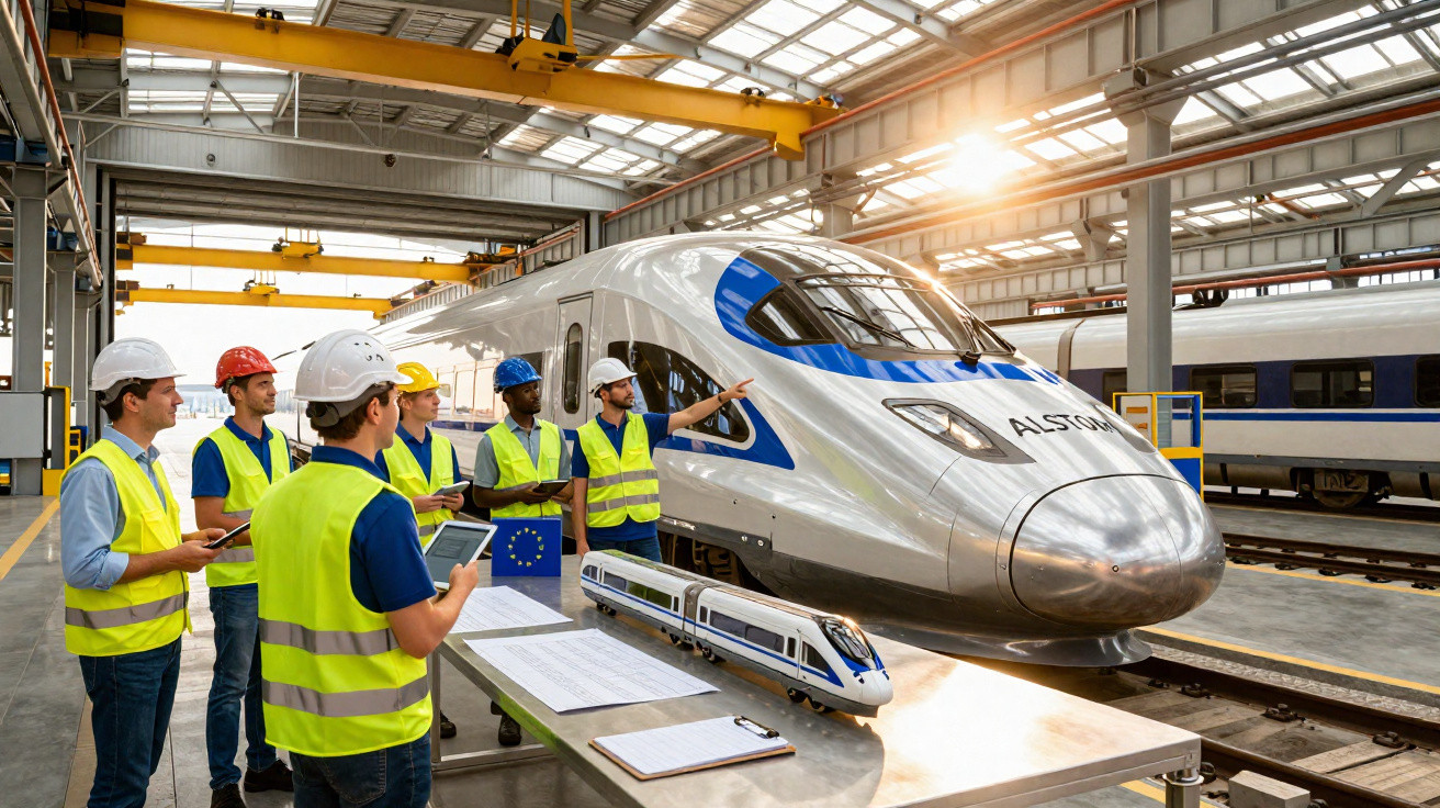 Ingenieure mit Schutzhelmen besprechen vor Hochgeschwindigkeitszug im Industriehalleninneren ein Projekt.