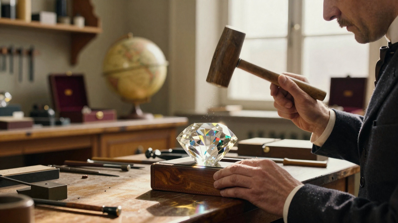 Mann schlägt mit Hammer auf großen funkelnden Diamanten auf einem Holztisch in Werkstatt.