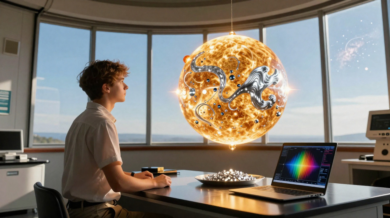 Junge in Laborumgebung betrachtet schwebendes, leuchtendes Modell einer Sonne mit silbernen Elementen.
