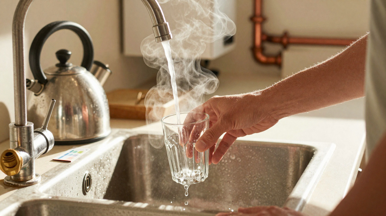 Eine Hand hält ein Glas unter einen Wasserhahn, aus dem heißer Dampf aufsteigt.