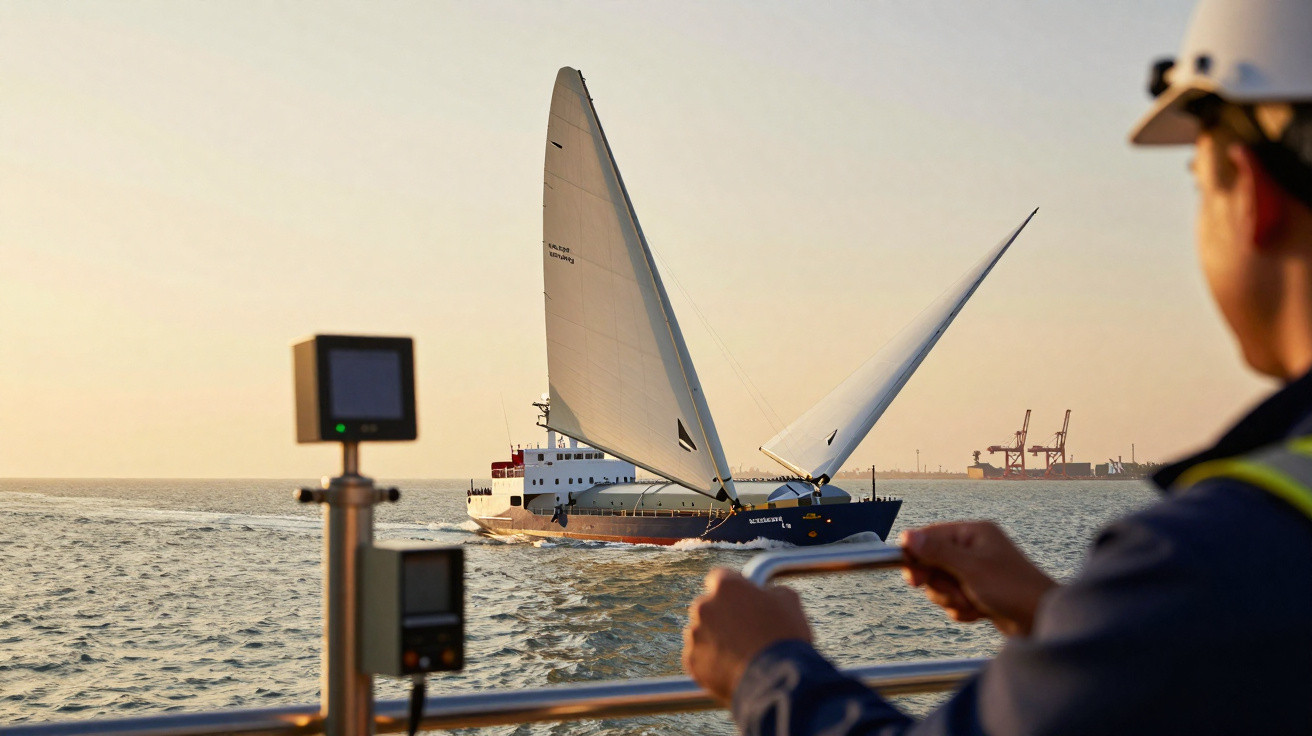 Mann mit Helm steuert Segelschiff mit weißen Segeln auf offenem Meer bei Sonnenuntergang, Hafen im Hintergrund.