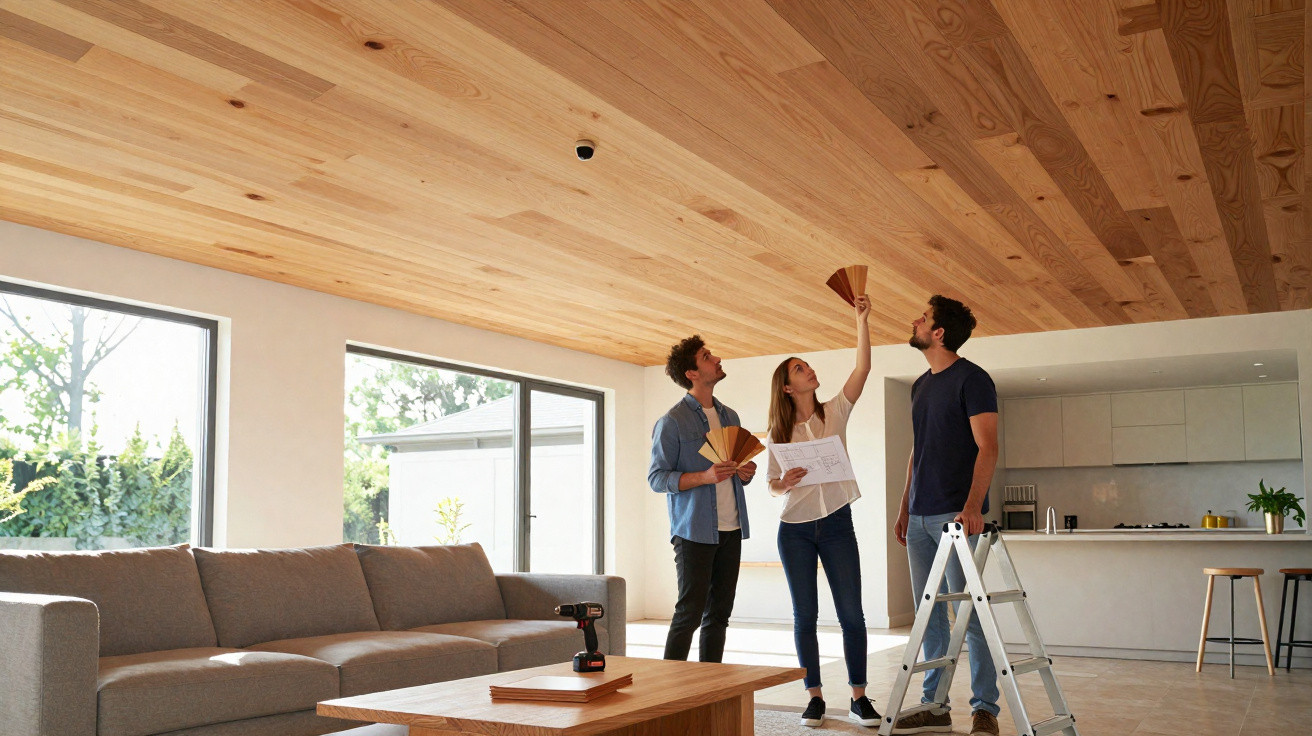 Drei Personen überprüfen Holzpaneele an der Decke in einem modernen, lichtdurchfluteten Wohnzimmer.