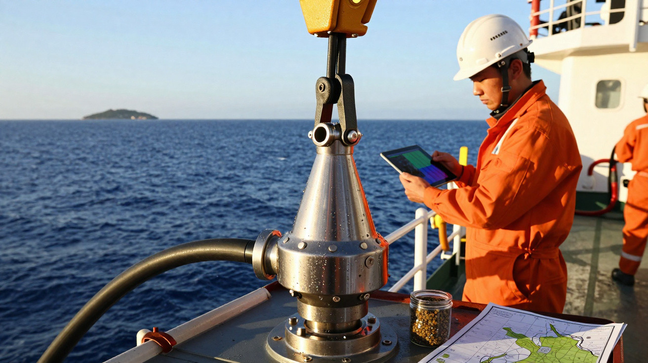 Techniker in Schutzhelm und orangefarbener Arbeitskleidung auf einem Schiff mit elektronischem Gerät und Karten am Meer.