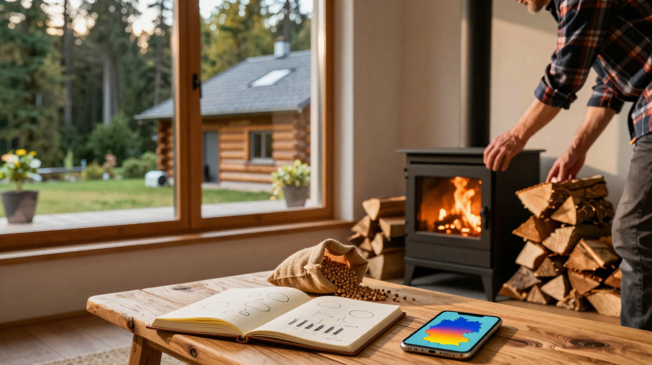 Wohnzimmer mit Holzofen, Holzstapel, geöffnetem Buch, Smartphone und Blick auf Holzhaus im Garten.