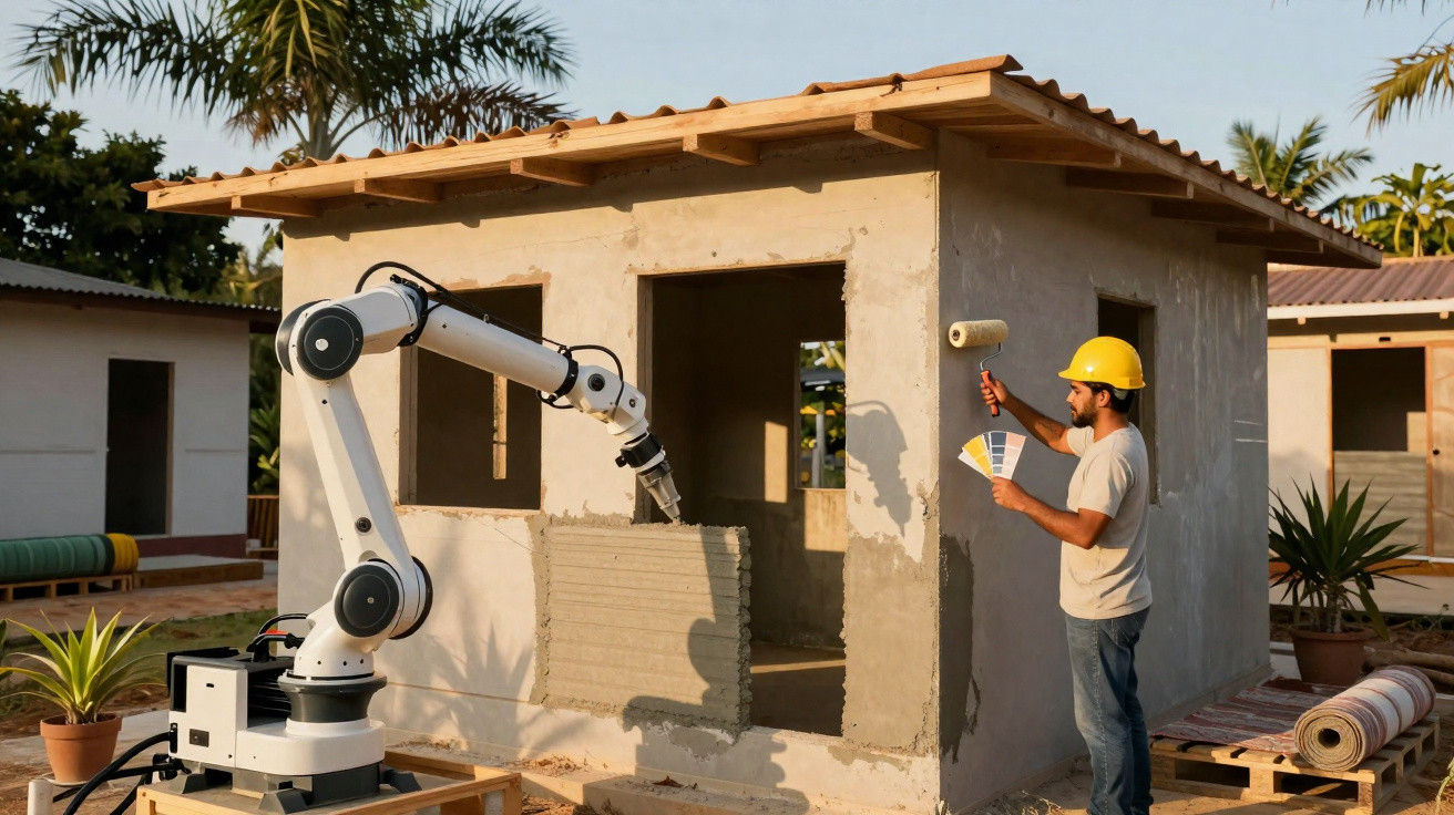 Roboterarm verputzt eine Hauswand, während ein Bauarbeiter mit Helm Farbmuster und Farbrolle hält.