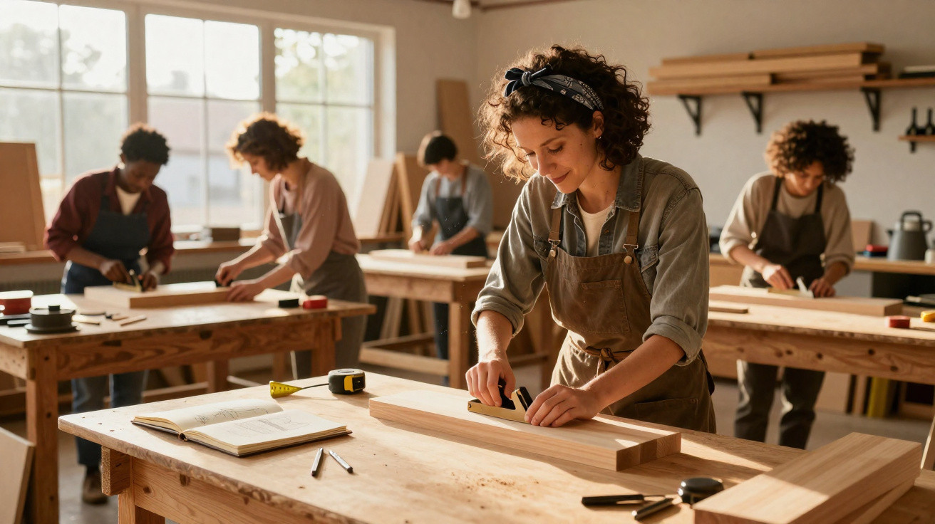 Mehrere Personen arbeiten konzentriert an Holzprojekten in einer hellen Werkstatt für Holzverarbeitung.