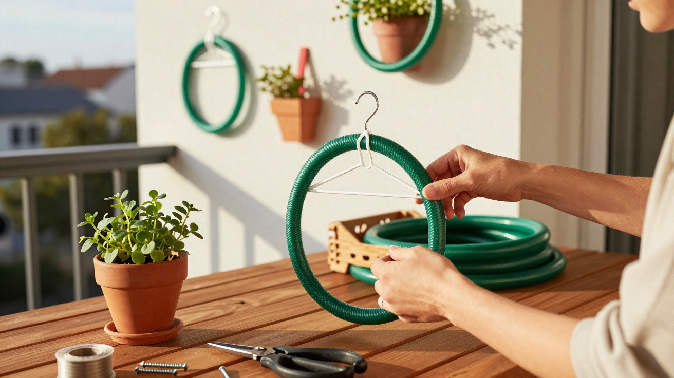 Person gestaltet Kreativprojekt mit Blumenschlauchringen und Draht auf Holztisch auf Balkon.