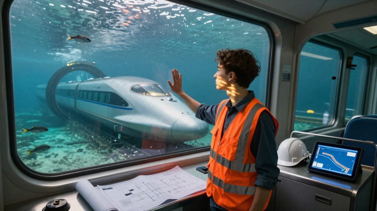 Person mit Warnweste blickt durch ein Fenster auf einen unter Wasser fahrenden Hochgeschwindigkeitszug.