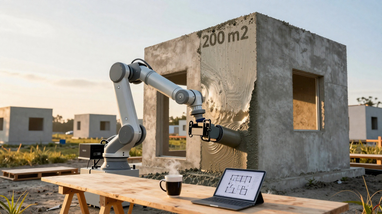 Industrieroboter trägt Beton auf Hausfassade auf, daneben Tisch mit Laptop und Kaffeetasse im Außenbereich.