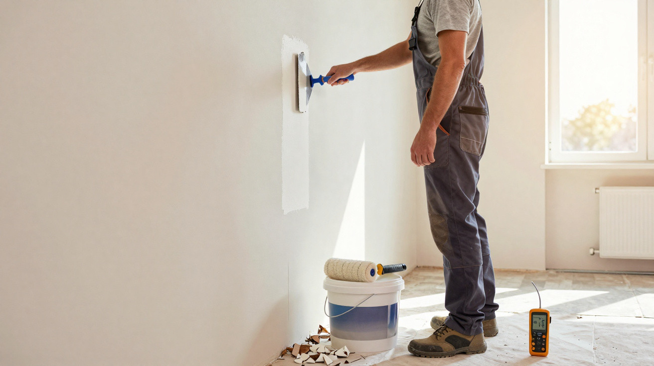Mann in Arbeitskleidung trägt Farbe mit Quast auf helle Wand in hellem Raum auf.