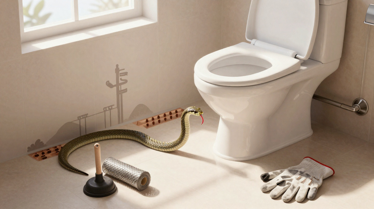 Schlangenspielfigur neben Toilettenpapier, Gummihandschuh, Pümpel in einem Badezimmer mit Toilette.