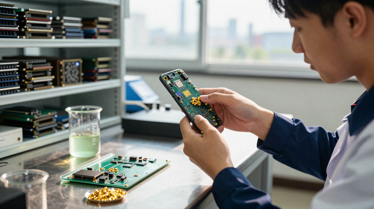 Techniker prüft Platine eines elektronischen Geräts in einem Labor mit Regalen voller weiterer Platinen.