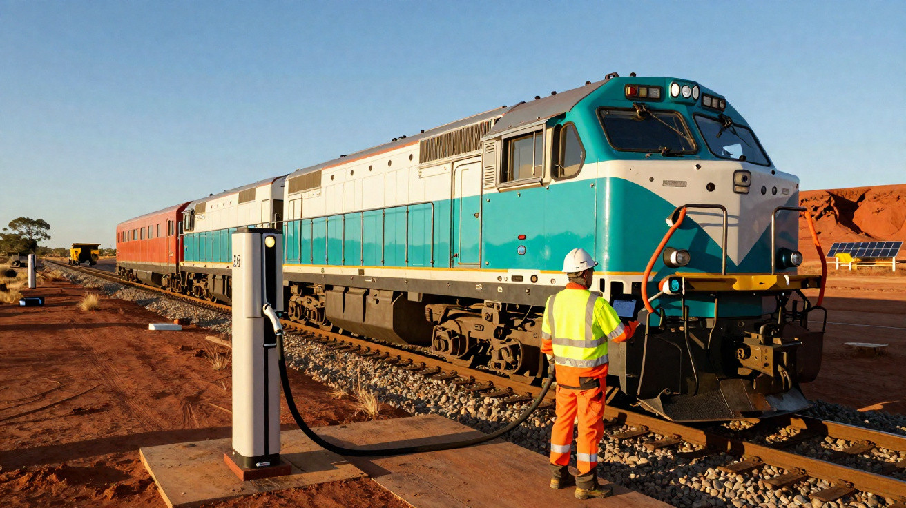 Ein Elektriker in Warnkleidung lädt eine türkis-weiße Lokomotive in einer Wüstenlandschaft auf.