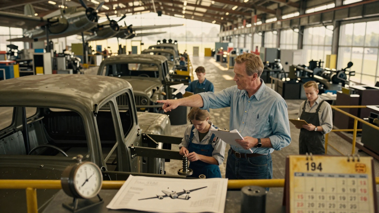 Ingenieur erklärt Auszubildenden Montage eines Fahrzeugchassis in einer großen Fabrikhalle.