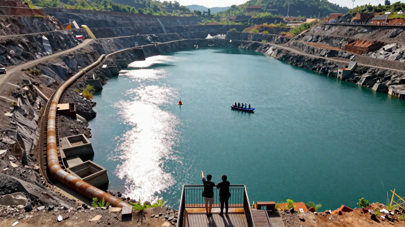 Wasserreservoir in einer Steinbruchlandschaft mit zwei Personen auf einer Aussichtsplattform und einem Boot auf dem Wasser.
