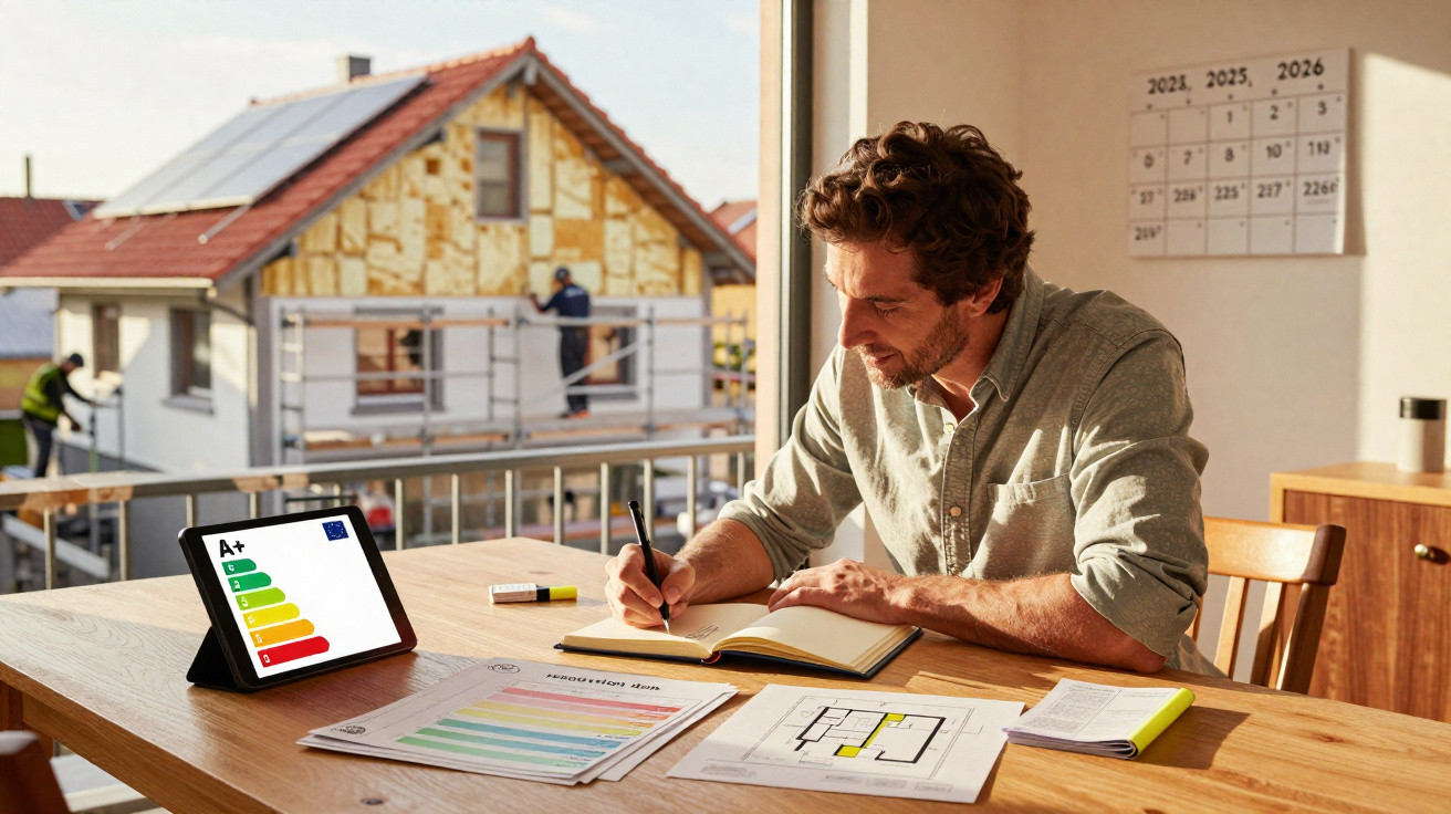Mann arbeitet am Tisch mit Energieeffizienzplan, Grundriss und Baustelle eines Hauses im Hintergrund.