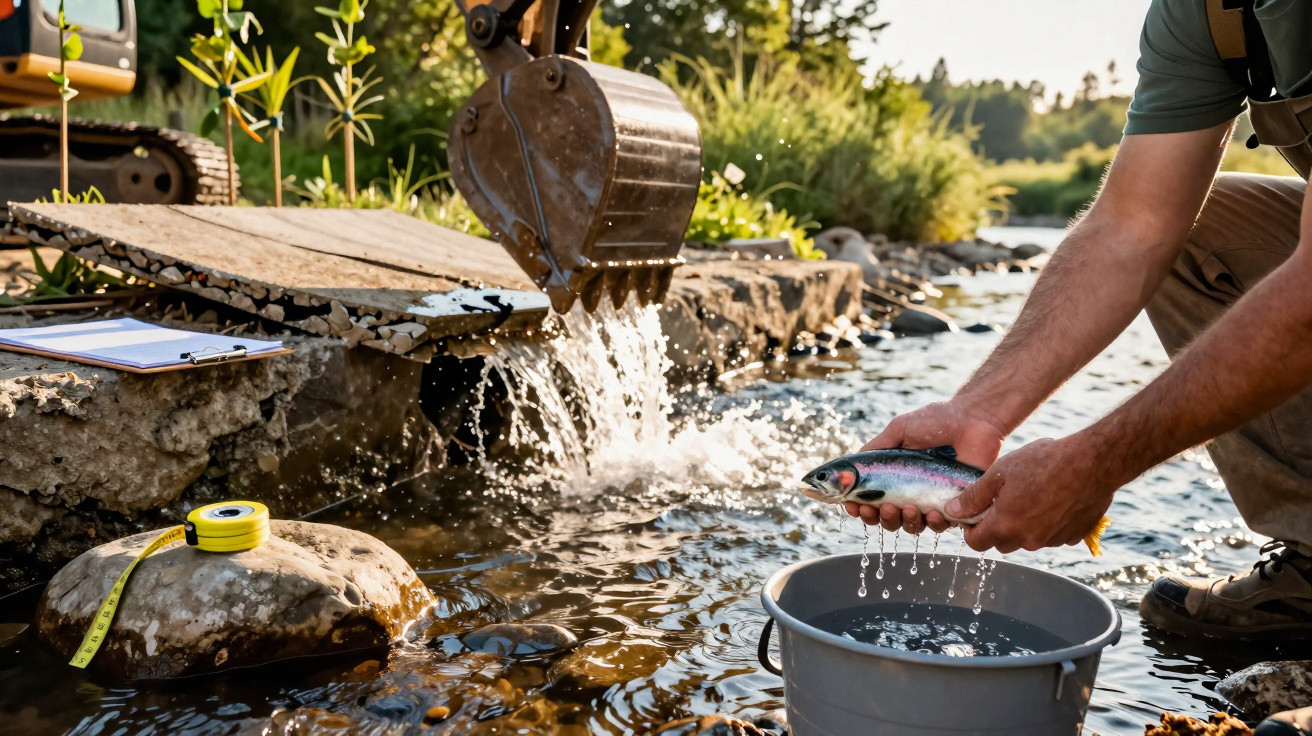 Person hält lebenden Fisch über Eimer im Wasser, Bagger schüttet Wasser in kleinen Bachlauf, sonnige Naturkulisse
