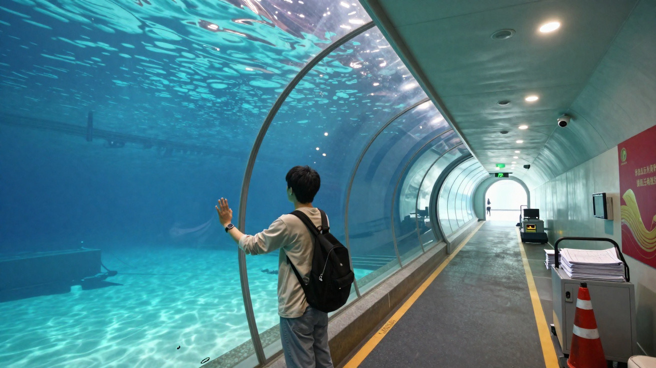 Person mit Rucksack blickt auf Fische in einem großen, gebogenen Unterwasser-Aquariumgang.