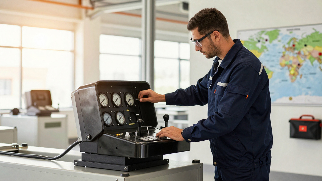 Techniker in Arbeitskleidung bedient Messgerät mit Rundinstrumenten in modernem Labor mit Weltkarte.