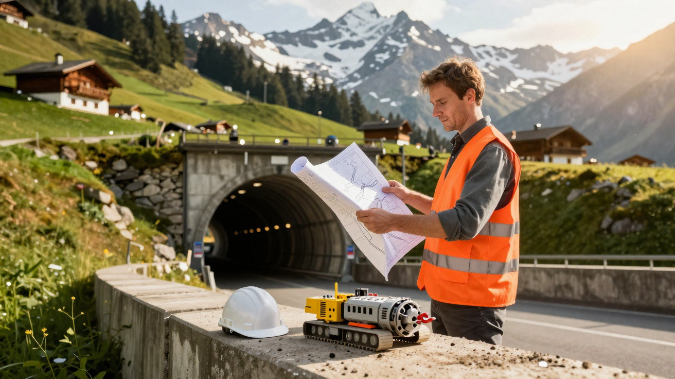 Bauingenieur mit Schutzweste überprüft Baupläne vor Tunnel in alpiner Landschaft bei Sonnenuntergang.