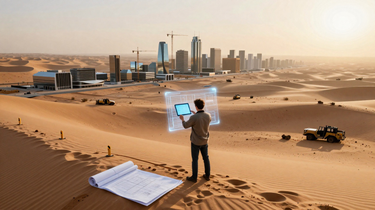 Mann mit digitalen Bauplänen steht in Wüste vor futuristischer Stadt im Bau mit Kränen und Baufahrzeugen.