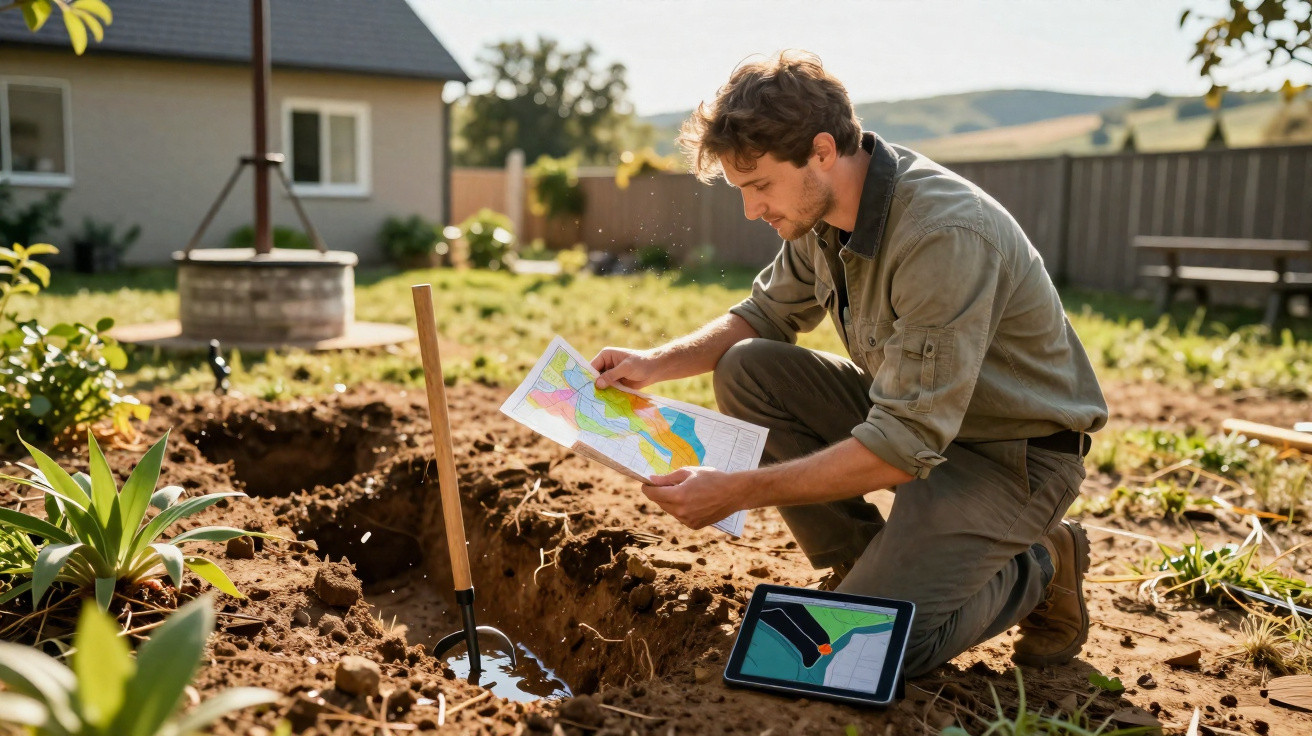 Mann kniet im Garten und vergleicht Karte mit Tablet vor frisch gegrabenen Bodenlöchern.
