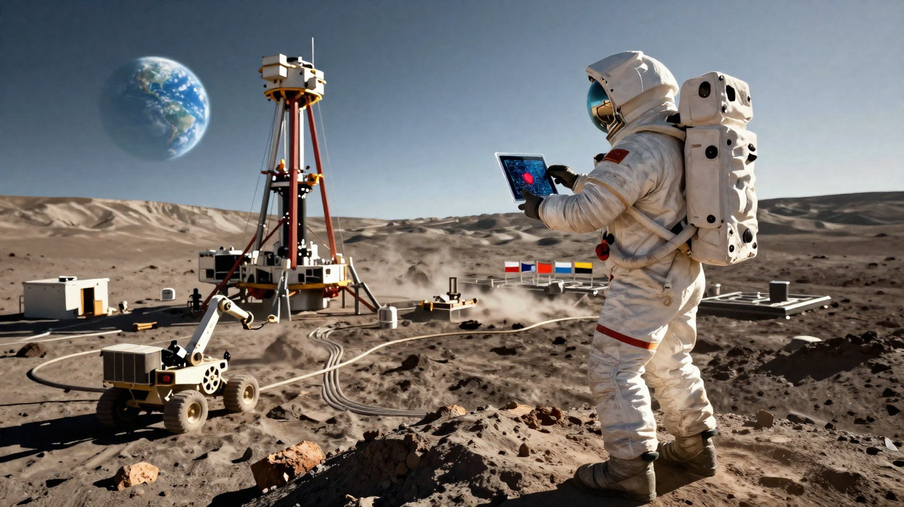 Astronaut auf Mond mit Tablet, Mondfahrzeug und Erde am Himmel im Hintergrund.