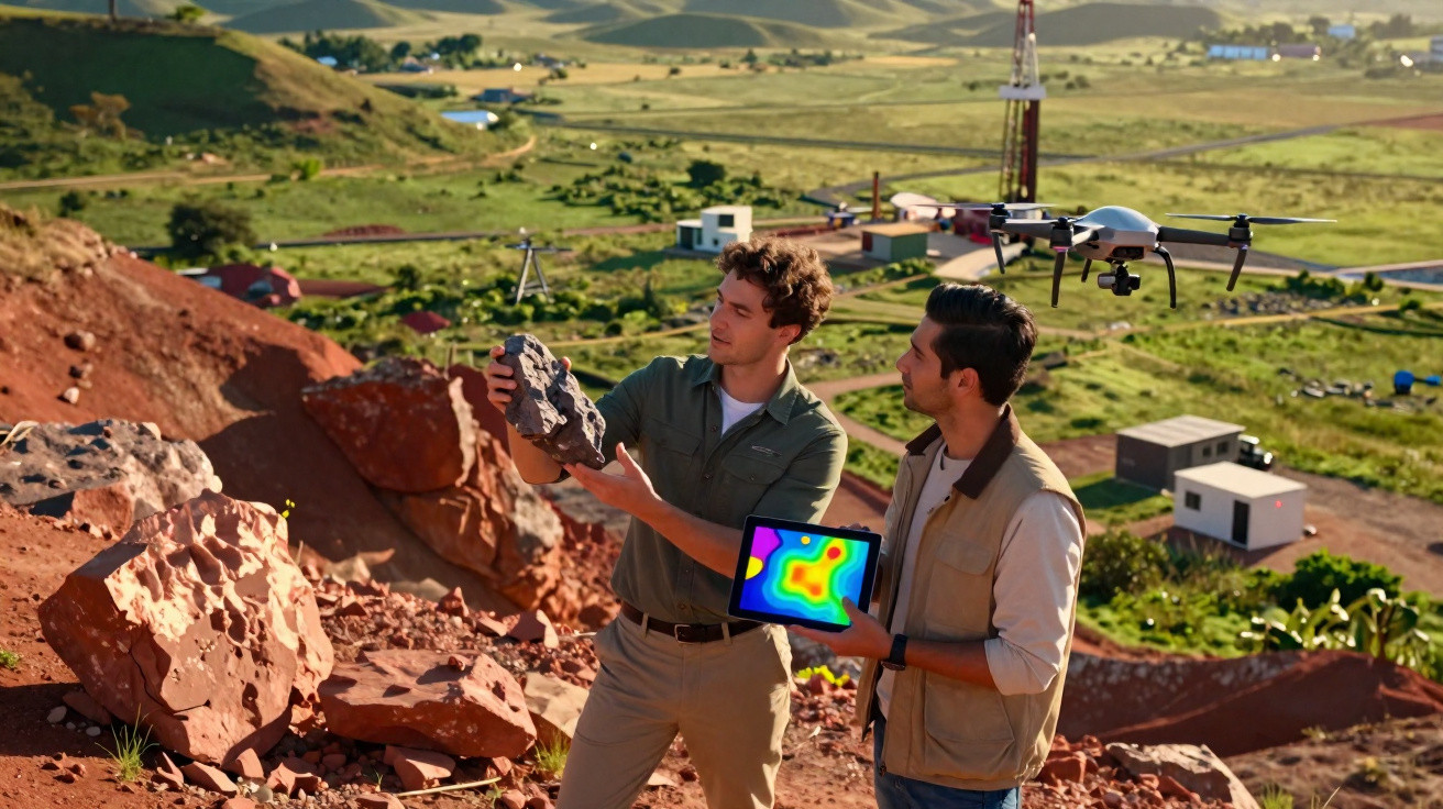 Zwei Männer analysieren Gestein auf einem Feld mit Drohne und Tablet zur geologischen Kartierung.