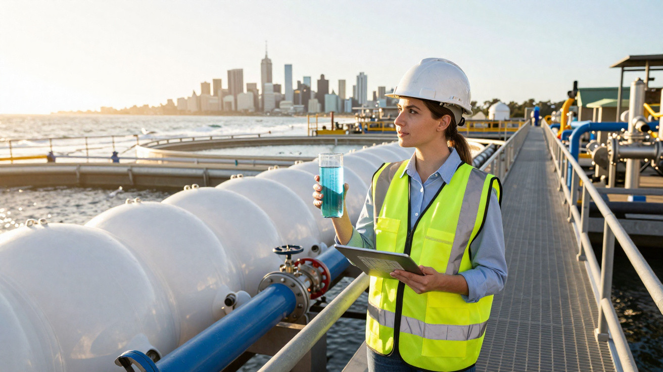 Ingenieurin mit Helm und Warnweste prüft Wasserprobe an Industrieanlage mit städtischer Skyline im Hintergrund