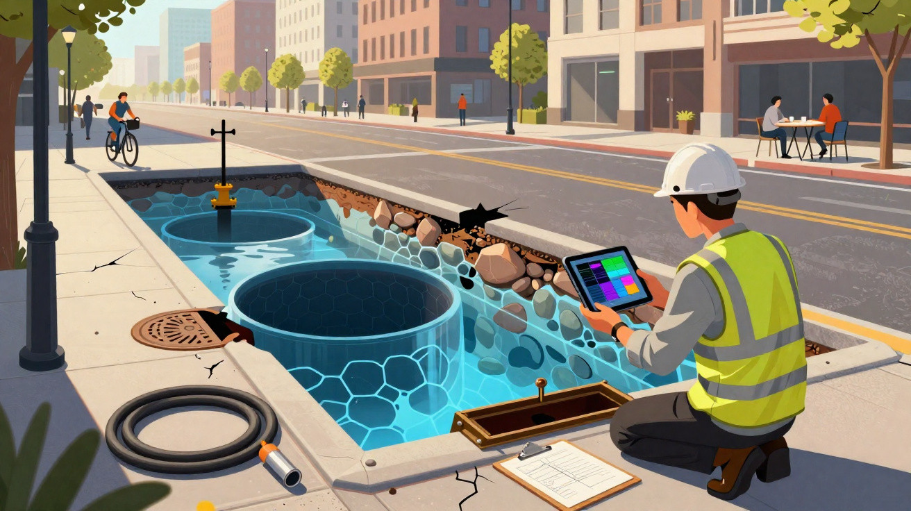 Bauarbeiter mit Tablet überprüft digitales Wassersystem an einer Baustelle in der Stadt.