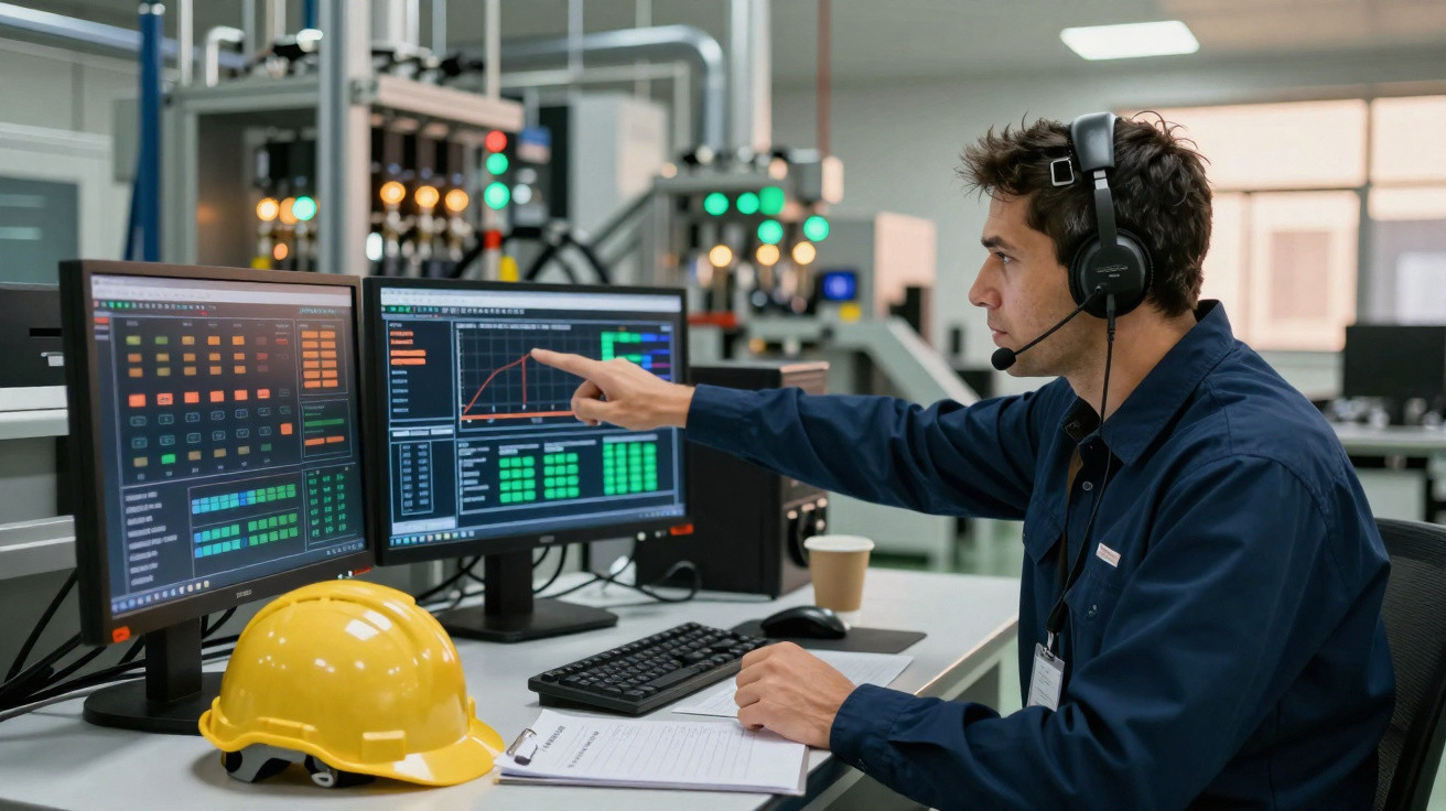 Mann mit Headset zeigt auf Graphen auf zwei Monitoren in einem technischen Kontrollraum, Bauhelm auf Tisch.