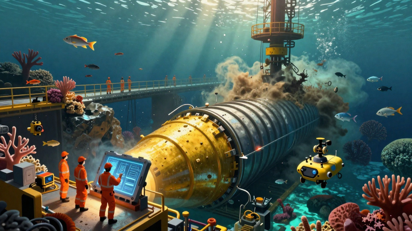 Unterwasserbaustelle mit Arbeitern, Tauchrobotern und großem Bohrer am Meeresboden bei Korallenriffen.