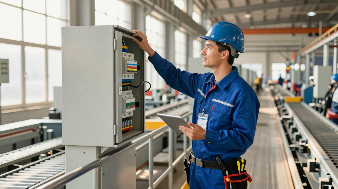 Techniker in Schutzhelm überprüft elektrischen Schaltschrank in moderner Fabrik mit Tablet in der Hand.