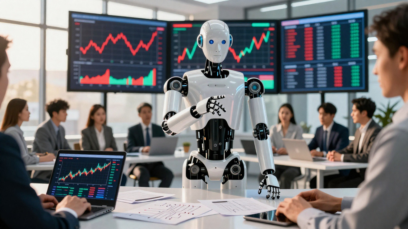 Roboter präsentiert vor Geschäftsteam Finanzdaten mit Aktiencharts auf Monitoren im modernen Büro.