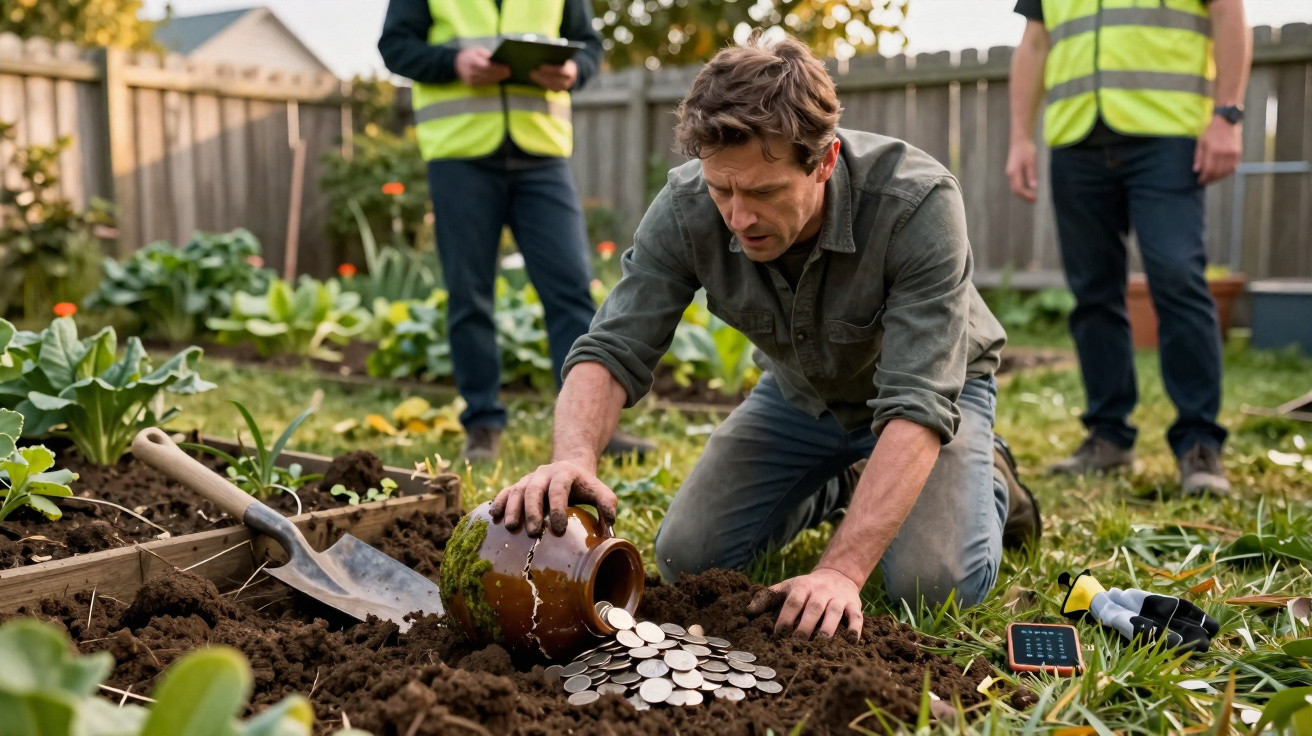 Mann gräbt im Garten nach vergrabener Vase voller Münzen, zwei Beobachter tragen Warnwesten.