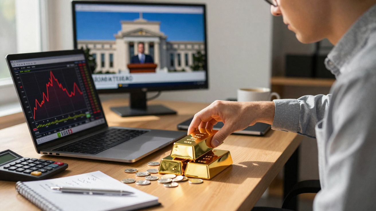 Person greift nach Goldbarren neben Laptop mit fallendem Aktienchart und Notizblock auf Schreibtisch.