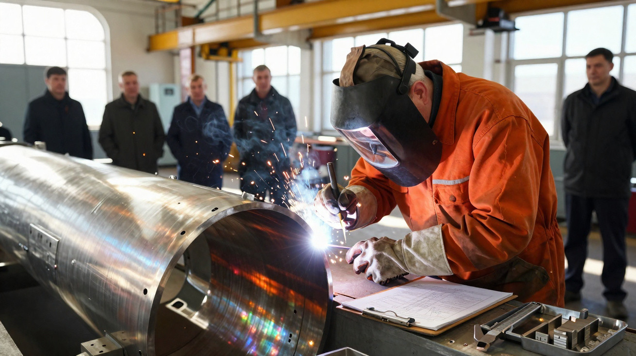 Schweißer in Schutzhelm und orangener Kleidung schweißt Metallrohr, im Hintergrund fünf Männer beobachten ihn.