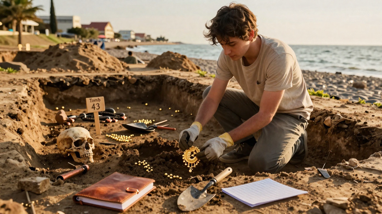 Archäologe bei Ausgrabung am Strand, untersucht antikes Schmuckstück in Grab Nummer 43.