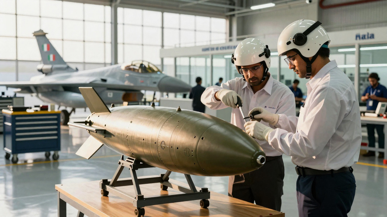 Zwei Männer mit Helmen inspizieren eine große Bombe in einer Werkstatt mit Kampfjet im Hintergrund.