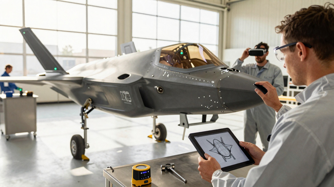 Ingenieur überprüft mit Tablet und VR-Brille ein futuristisches Flugzeugmodell in einer Werkhalle.