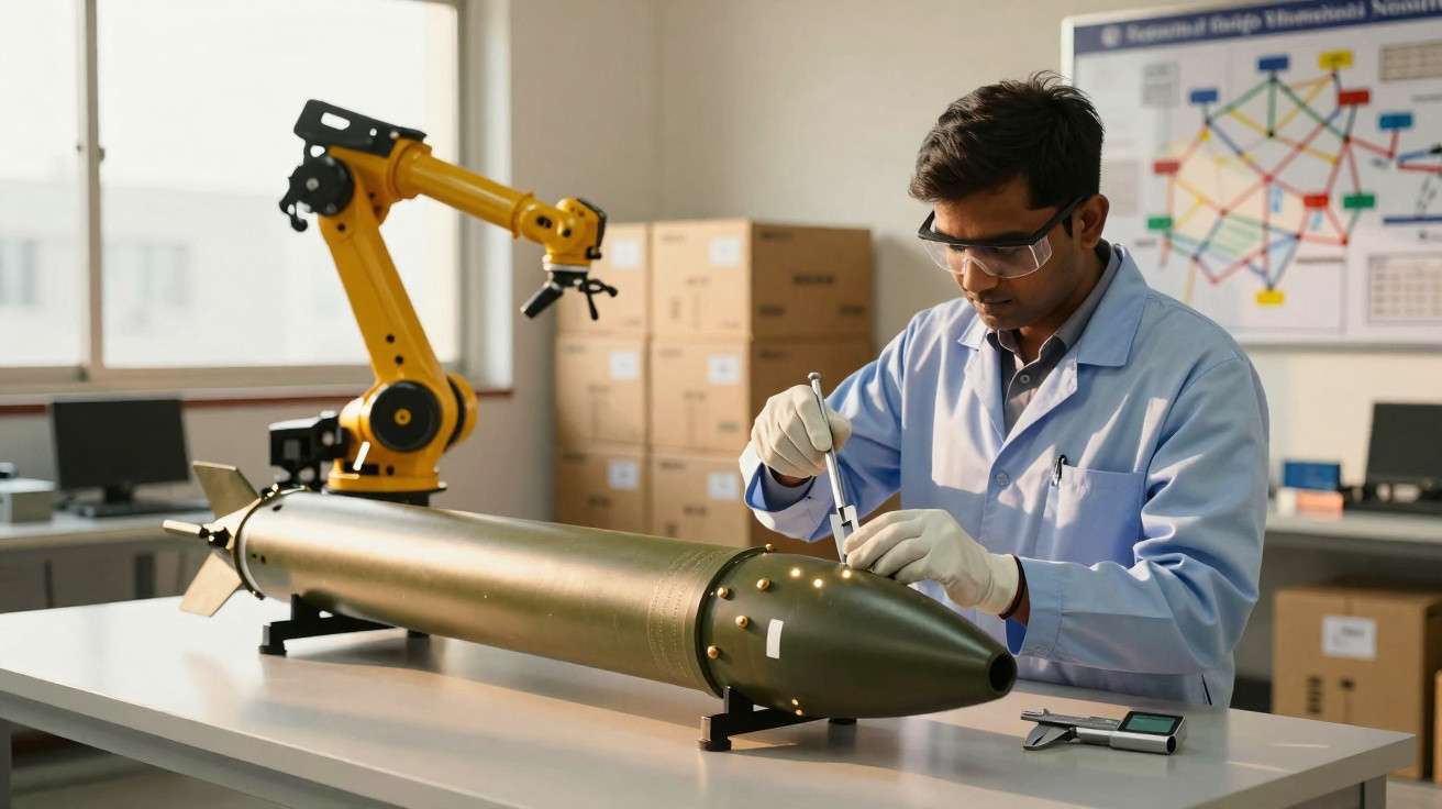 Ingenieur in Schutzbrille inspiziert präzise eine große Rakete oder ein Projektil im Labor.