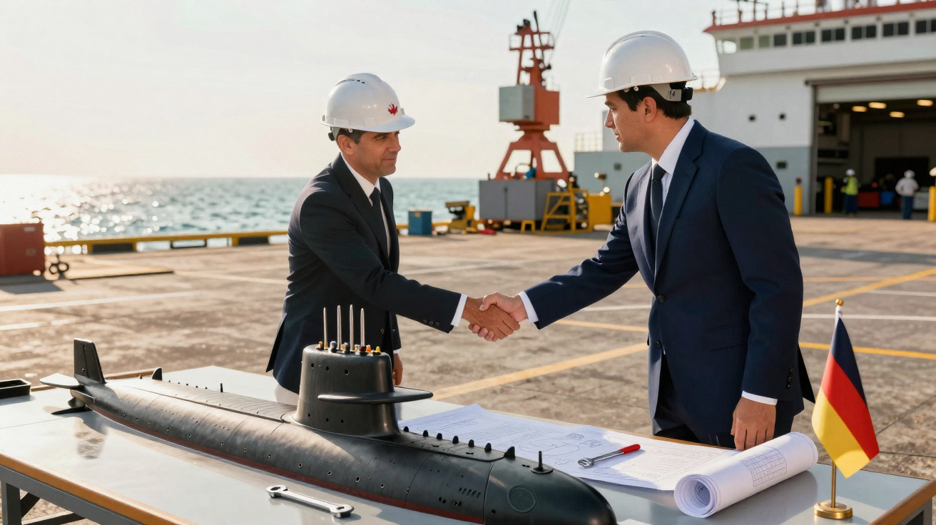 Zwei Männer in Anzügen und Schutzhelmen schütteln sich auf einem Hafenpier mit U-Boot-Modell die Hand.